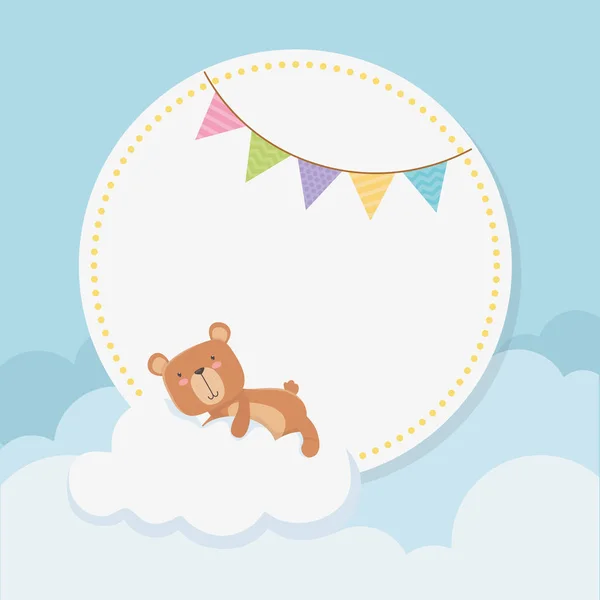 Tarjeta circular baby shower con osito de peluche en la nube — Vector de stock