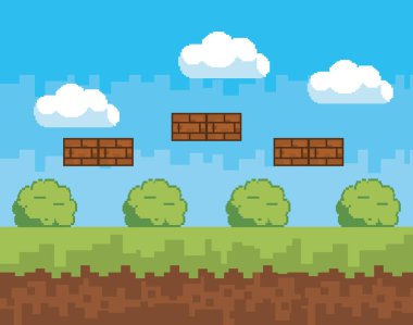 Arcade oyun dünya ve piksel sahne tasarım vektör illüstrasyon