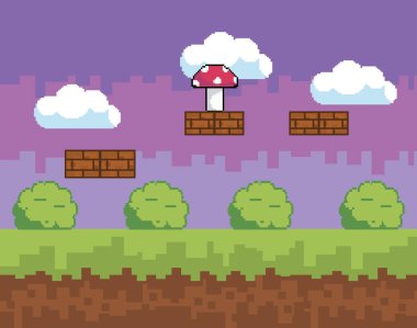 Arcade oyun dünya ve piksel sahne tasarım vektör illüstrasyon