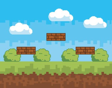 Arcade oyun dünya ve piksel sahne tasarım vektör illüstrasyon