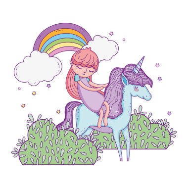 gökkuşağı ile manzara içinde Unicorn ve Prenses