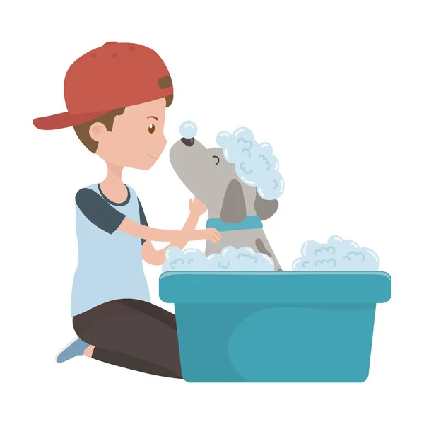 Boy with dog cartoon taking shower design — Stock Vector