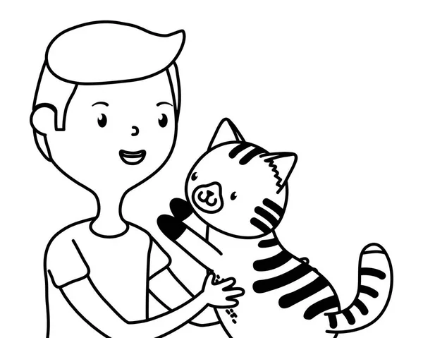 Menino com desenho animado gato — Vetor de Stock