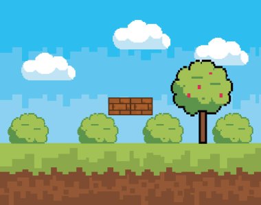 Arcade oyun dünya ve piksel sahne tasarım vektör illüstrasyon