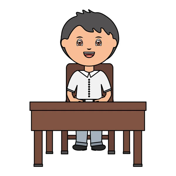 귀여운 작은 학생 소년 앉아 에 학교 책상 — 스톡 벡터