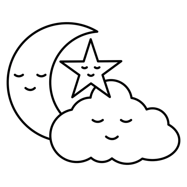 月と星の可愛い文字とかわいい雲 — ストックベクタ