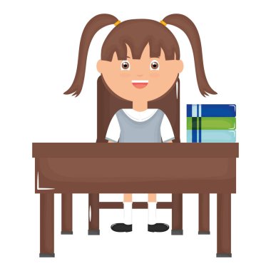 Okul masasında ders kitapları ile sevimli küçük öğrenci kız