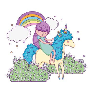 gökkuşağı ile manzara içinde Unicorn ve Prenses