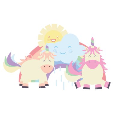 bulutlar ve güneş Kawaii karakterler ile gökkuşağı sevimli unicorns