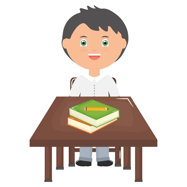 Bonito pouco estudante menino com livros no schooldesk —  Vetores de Stock