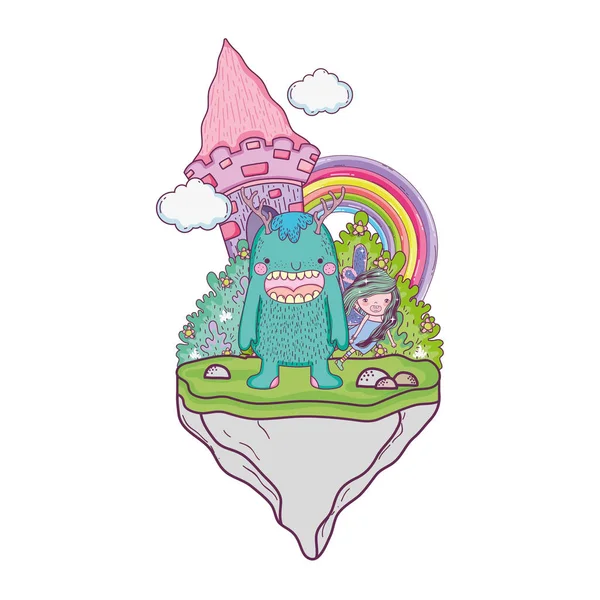 野原と虹の怪物と小さな妖精 — ストックベクタ