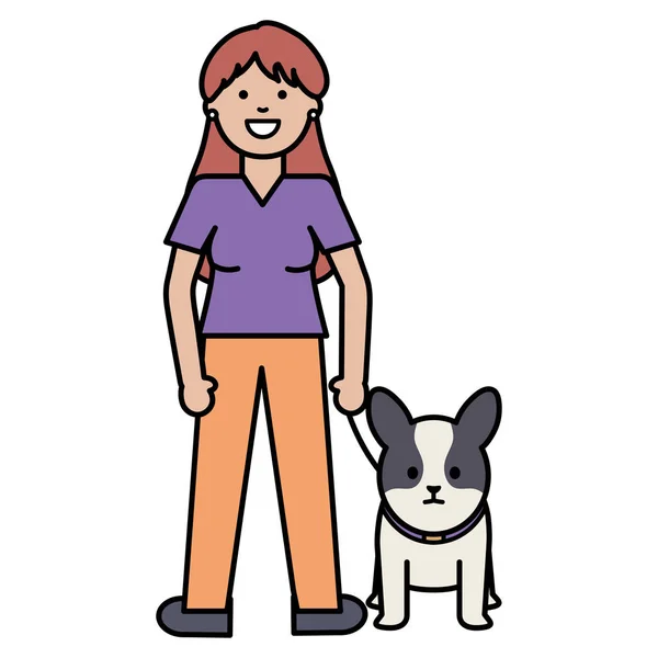 Young woman with little dog adorable mascot — Stock Vector