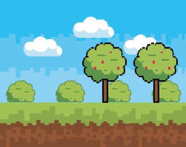 Arcade oyun dünya ve piksel sahne tasarım vektör illüstrasyon