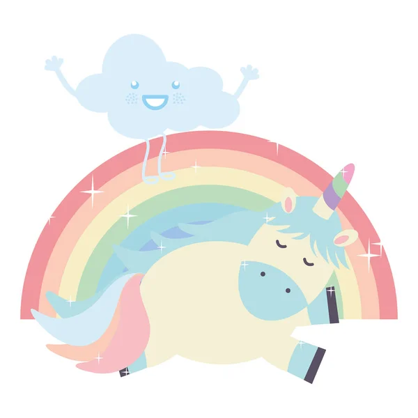Cute unicorn with clouds and rainbow kawaii characters — Stock Vector