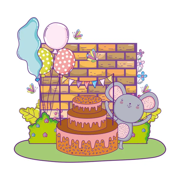 Souris avec gâteau et ballons hélium sur le terrain — Image vectorielle