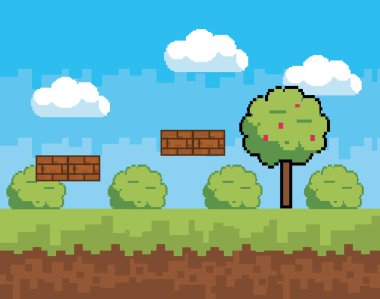 Arcade oyun dünya ve piksel sahne tasarım vektör illüstrasyon