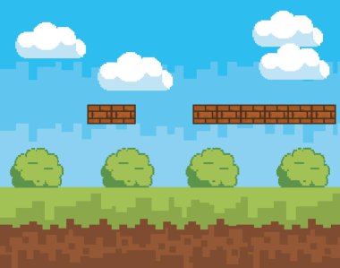 Arcade oyun dünya ve piksel sahne tasarım vektör illüstrasyon