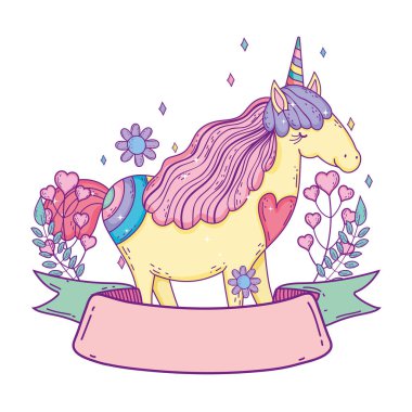 çiçekler ve şerit çerçevesi ile güzel küçük Unicorn