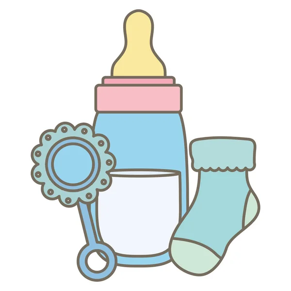 Детская бутылочка молока с маракой и носком — стоковый вектор