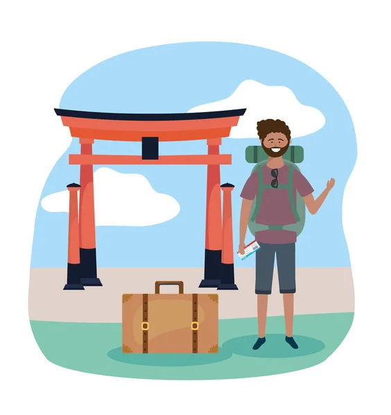 Travel man with backpack and tokyo sculpture destination — Stock Vector