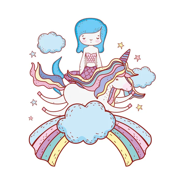 Mermaid with unicorn and rainbow in clouds — Stock Vector