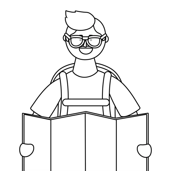 Caricatura niño turista con diseño de bolsa — Vector de stock