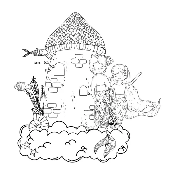 Couple de sirènes avec château scène sous-marine — Image vectorielle