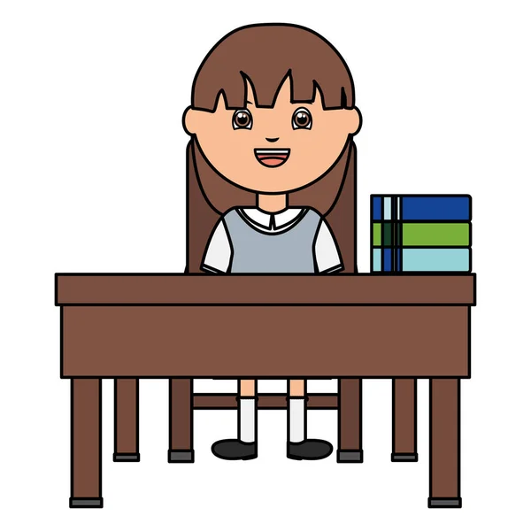 Carino poco studente ragazza con libri di testo in scuola scrivania — Vettoriale Stock