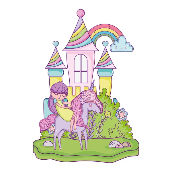 Licorne et princesse dans le château avec arc-en-ciel — Image vectorielle