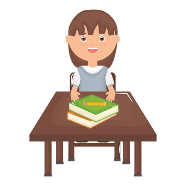 Okul masasında ders kitapları ile sevimli küçük öğrenci kız