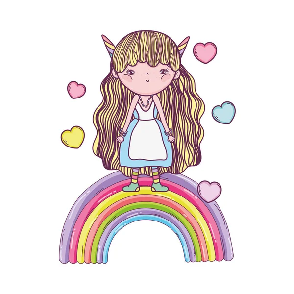 虹と心を持つかわいい小さな妖精 — ストックベクタ