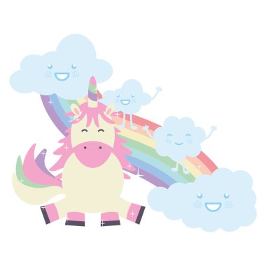 bulutlar ve gökkuşağı Kawaii karakterleri ile sevimli Unicorn
