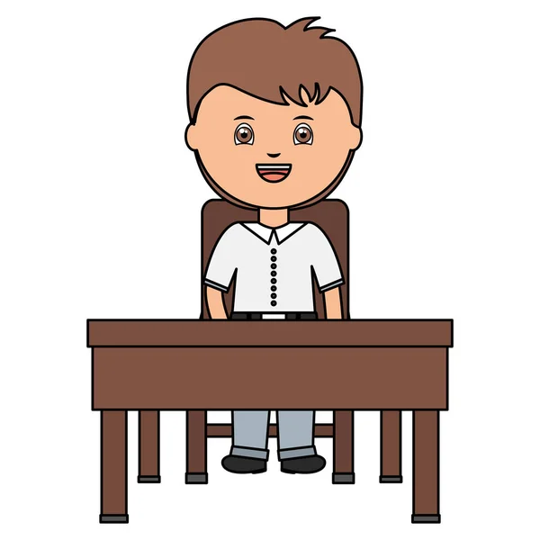 Bonito pouco estudante menino sentado no schooldesk —  Vetores de Stock