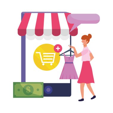 Kadın alışveriş online vektör çizim