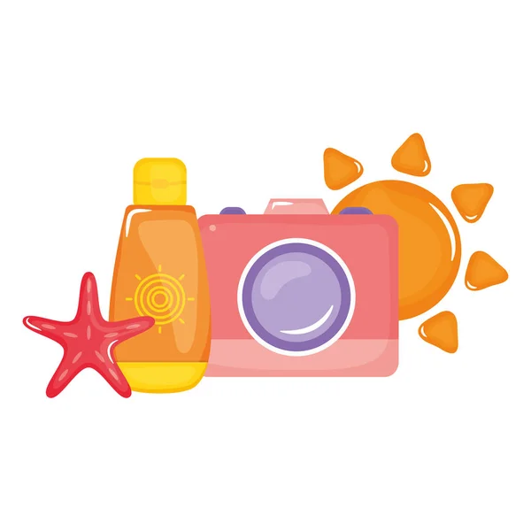 Appareil photo photographique avec bouteille solaire bloqueur — Image vectorielle