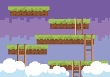 Arcade oyun dünya ve piksel sahne tasarım vektör illüstrasyon