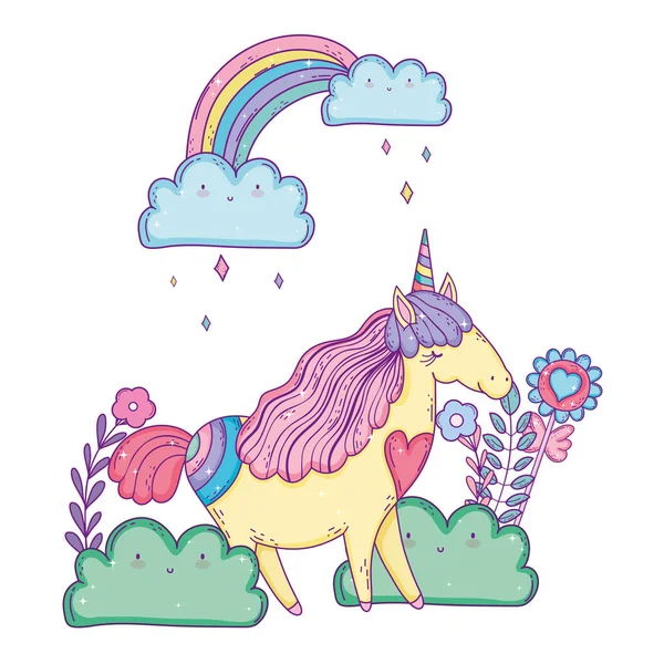 美丽的小独角兽与彩虹在风景 — 图库矢量图片