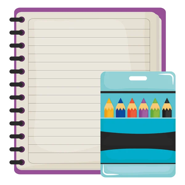 Suministro de la escuela portátil con lápices de colores — Vector de stock