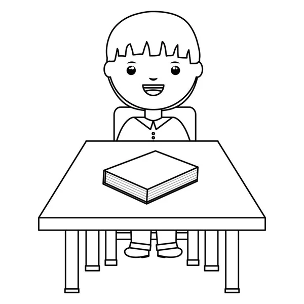 Cute little student boy with books in schooldesk — Stock Vector