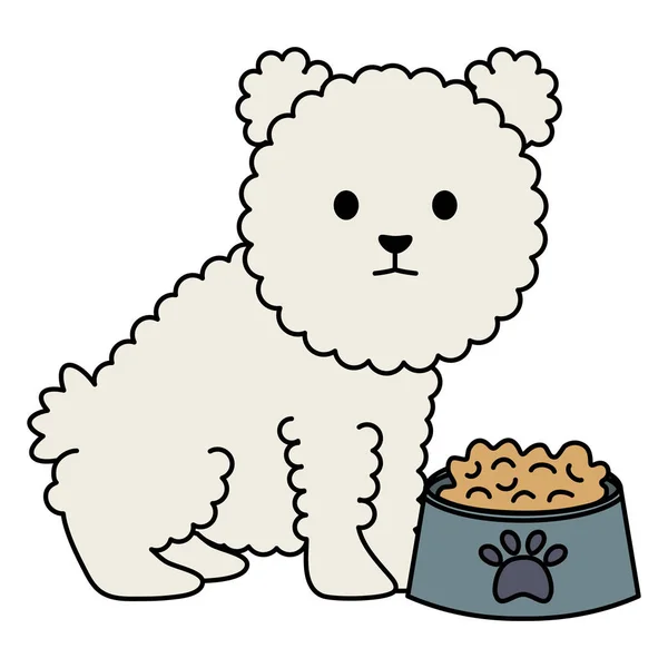 Perrito adorable con plato de comida — Vector de stock