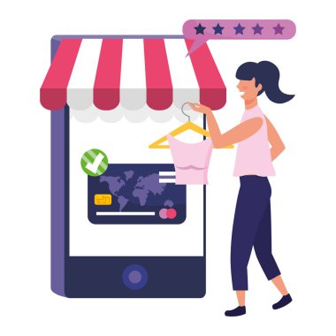 Kadın alışveriş online vektör çizim