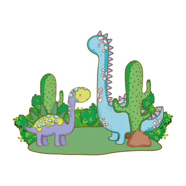 Cute apatosaurus couple with tree in the landscape — Stock Vector