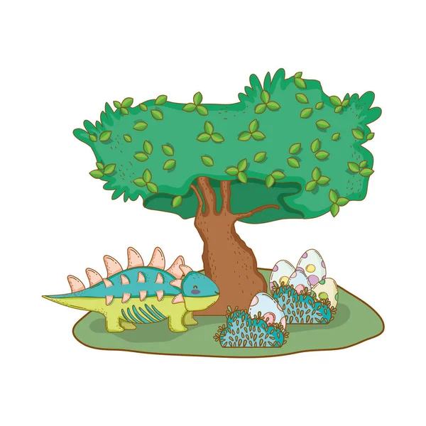 Cute dinosaur with eggs in the landscape — Stock Vector