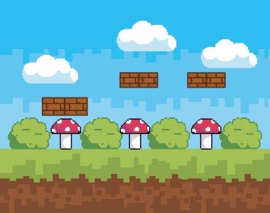 Arcade oyun dünya ve piksel sahne tasarım vektör illüstrasyon