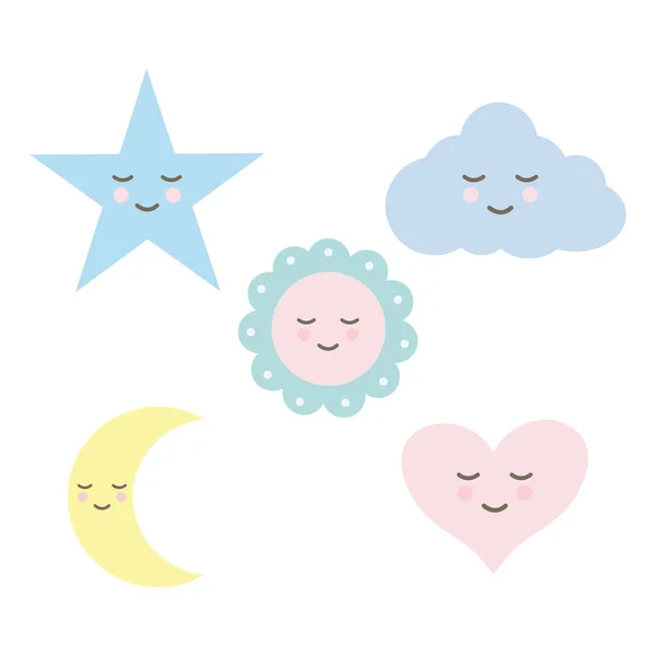 Bebê chuveiro emojis kawaii personagens —  Vetores de Stock