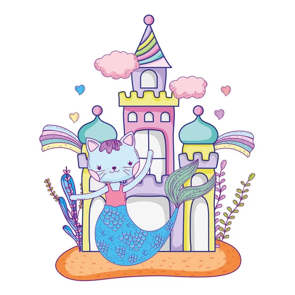 Cute purrmaid with castle undersea — Stock Vector