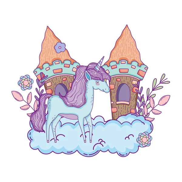 Unicorn kecil yang indah dengan istana di awan - Stok Vektor