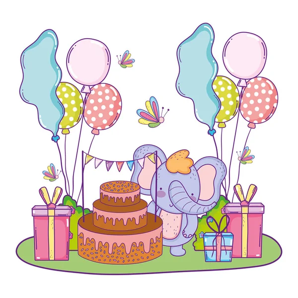 Слон с тортом и воздушные шары гелий в поле — стоковый вектор