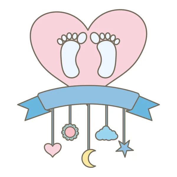 Impresiones de pies de bebé en el amor del corazón y colgar móvil — Vector de stock