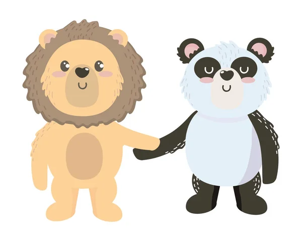 Isolé lion et panda dessin animé — Image vectorielle